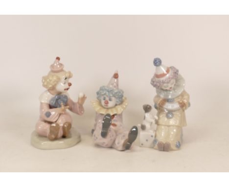 Lladro figures Pierrot with Puppy 5279 and Tired Friend 5812 together with Nao figure clown with ball (3) 