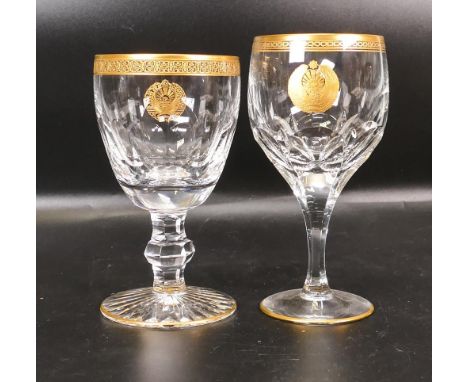 Two De Lamerie Fine Bone China heavily gilded Non Matching Wine Glasses with Star &amp; Crescent Motif, specially made high e