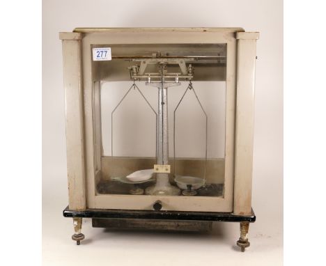 Stanton Instruments Ltd. Model C26 Cased Chemist Scales in Grey Painted Wood Case with Five Glass Windows. Height: 47cm 