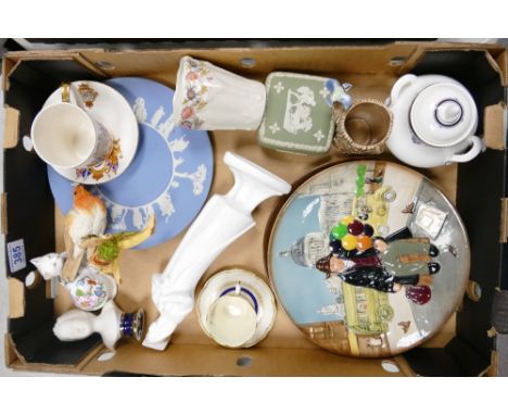 A collection of various pottery including Wedgwood jasperware, Spode white lady figure,Royal Doulton Balloon man &amp; woman 