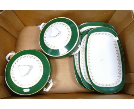 A very large Spode Green Velvet patterned dinner service including gravy boats, tureens, Coffee set, cups &amp; saucers, bowl