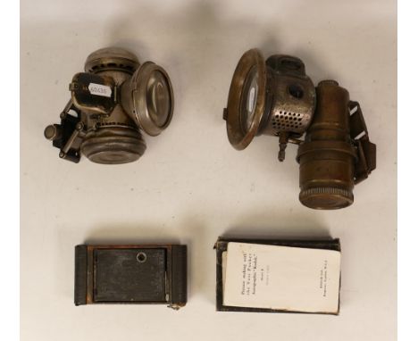 Two Early Carbide Bicycle Lamps to include one from Joseph Lucas of Birmingham No. 32 together with one stamped 'protected by