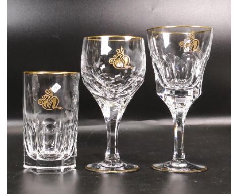 Three De Lamerie Fine Bone China heavily gilded Non Matching Wine Glasses with Personalized  Motif, specially made high end q