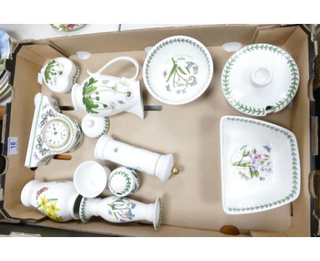 A collection of Portmeirion Botanic patterned items including mantle clock, jug, preserve pot etc 