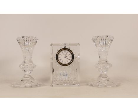 Waterford Crystal mantle clock together with a pair of candlesticks (3) 