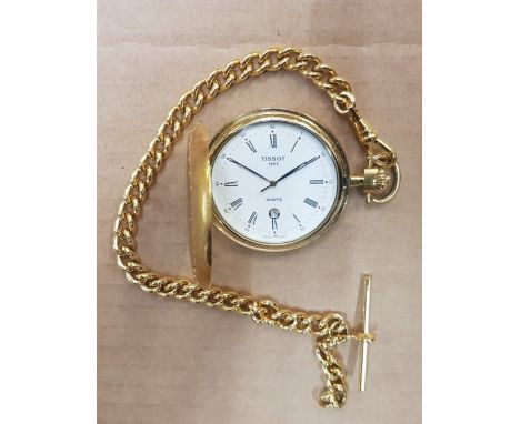 Tissot gold tone quartz pocket watch and chain. 