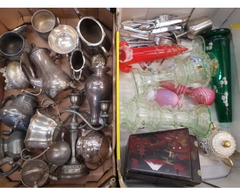 A mixed collection of metal and glass ware items to include silver plated and pewter coffee and tea service items, loose cutl