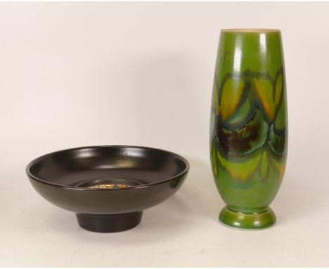 Mid Century Poole Pottery Black Panther Pattern Footed Bowl, similar green vase, height of tallest 23cm(2) 
