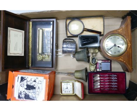 A Mixed Collection of Items to include Music Box, Disney Christening Cup, Napoleon Mantle Clock, Bakelite Magnifying Clock (1
