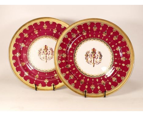 Two Large De Lamerie Fine Bone China heavily gilded Fleur-de-lis patterned cabinet plates , specially made high end quality i