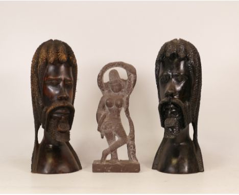 Three Ethnographic Figures to inlcude one Cambodian Carved Stone Deity Figure together with two Carved Wood African Busts. He