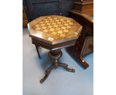 EARLY VICTORIAN ROSEWOOD SEWING TABLE, INLAID GAMES BOARD TOP FITTED INTERIOR, 28 INCHES HIGH