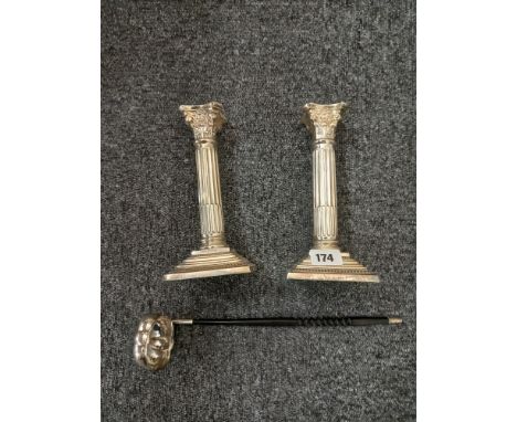 PAIR OF CORINTHIAN COLUMN CANDLESTICKS PAIR OF SILVER CORINTHIAN COLUMN CANDLESTICKS (UNFORTUNATELY ONLY ONE SCONCE), WITH HM