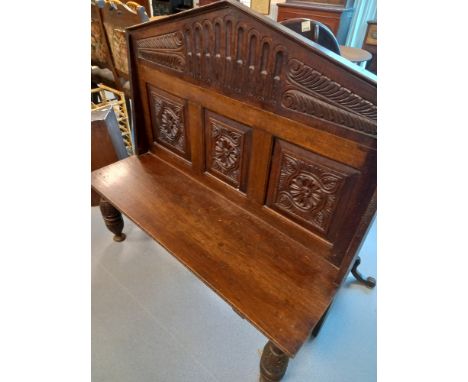 VICTORIAN OAK WALL BENCH ON LEGS VICTORIAN OAK WALL BENCH, CARVED 3 PANEL BACK ON LEGS, 40 X 45 X 49