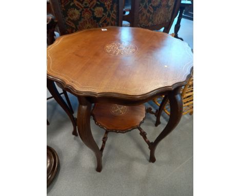 VICTORIAN MAHOGANY SIDE TABLE INLAID TOP, ON 5 CABRIOLE LEGS, 30 INCH DIAMATER