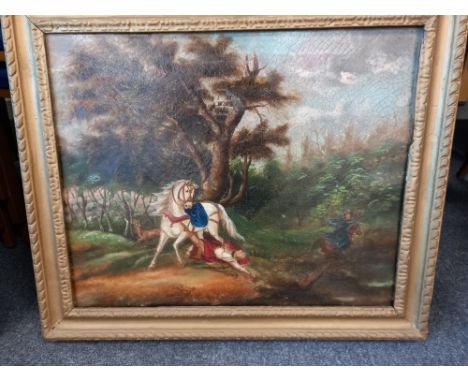 19TH CENTURY OIL ON CANVAS HUNTING SCENE 19TH CENTURY OIL ON CANVAS HUNTING ACCIDENT SCENE 23 X 19