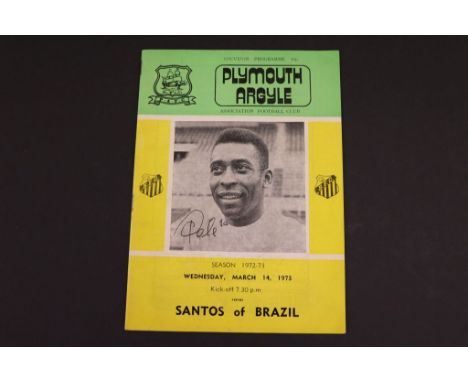 Football autograph - Pele, a Plymouth v Santos matchday programme, 14 Mar 1974, signed to front cover, in ink (gd) (1)