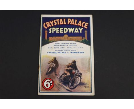 Speedway programme - Crystal Palace v Wimbledon 28 Jun 1930, results completed in pencil (staples removed leaving rustmarks o