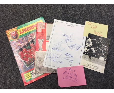 Football memorabilia - Kenny Dalglish signed promo card, Emlyn Hughes signed 1984 souvenir programme (with 4 other sports per