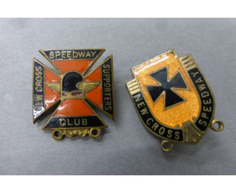 Speedway badges -  2 early New Cross enamel badges, Supporters Club clasp back, makers name Fattorini to reverse, and one oth