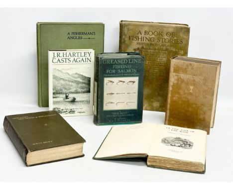 A collection of early 20th century Irish and English books on fishing. Greased Line Fishing for Salmon by Jock Scott, with a 