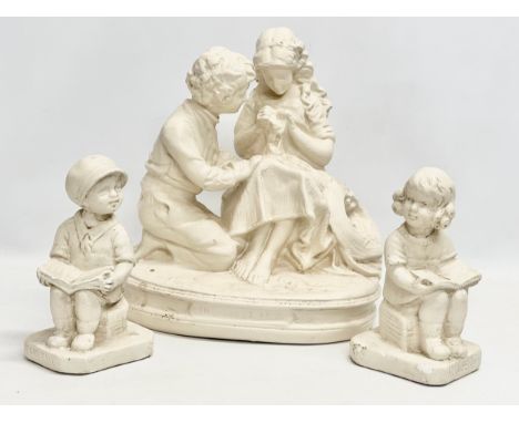 A large early 20th century ‘His First Love’ figurine, with a pair of early 20th century ‘Thought &amp; Reader’ figurines. 31x