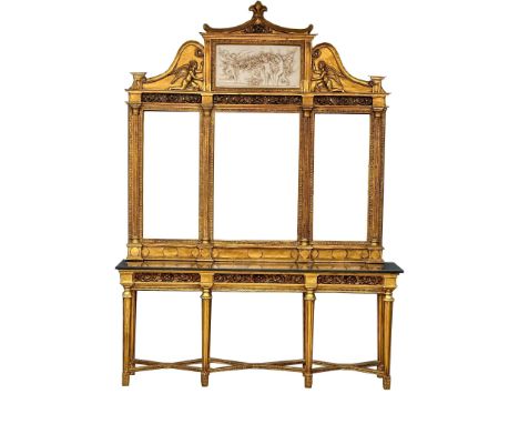 A very large 18th Century style French gilt mirror back console table with marble top, cherub and cupid motif and 3 bevelled 