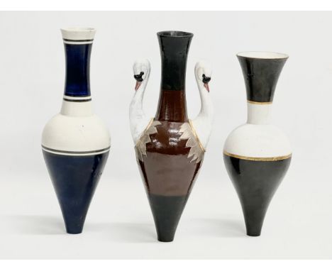 A set of 20th Century painted ceramic vases with narrow necks and bases. Stamped underneath. 25cm 