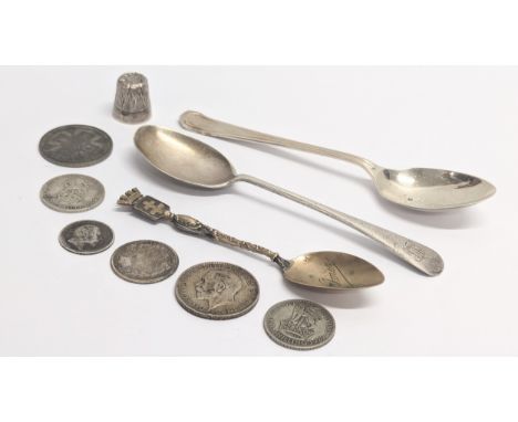 A quantity of 19th Century / 20th Century silver items, including coins (1873, 1902 1907, 1918, 1929.), and silver spoons, th