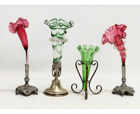 4 Late 19th Century glass epergne vases on silver plated stands. A good quality green frilled rim vase possibly by Stevens &a