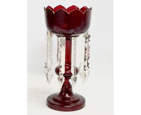 A large Victorian Ruby Glass lustre with cut glass droplets. 16x35cm 