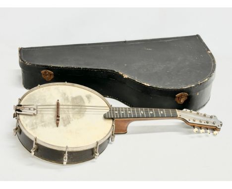 A good quality 8 string Banjolele with case. 62cm 