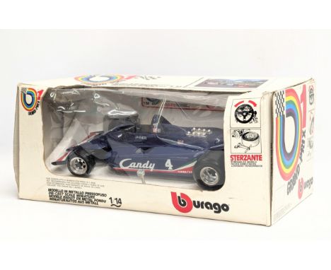 A Burago model Grand Prix racecar, Candy Tyrrell. 1/14 scale. Box measures 36x16cm 