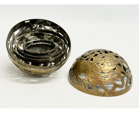 An Early 19th Century Chinese brass spherical incense burner/hand warmer/oil lamp. 12x12cm 