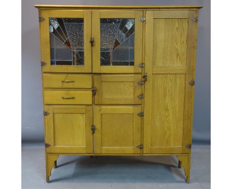 A vintage kitchen larder cabinet with 2 stained glass panels, H.158 W.137 D.38cm 