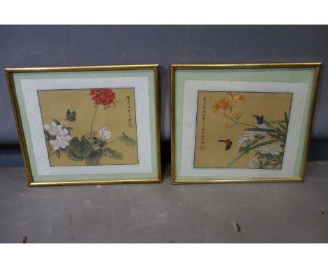 Two Chinese paintings on silk of butterflies and flowers, bearing Chinese characters and red seal mark, 20 x 22cm 