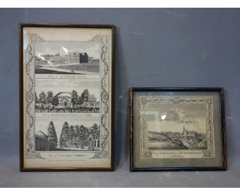 A framed engraving of views of Kensington Palace, Ranelaugh Gardens near Chelsea, and Vauxhall Gardens, 'Published as the Act