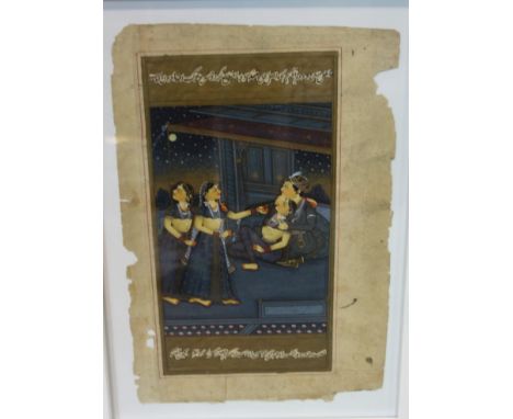 A Persian manuscript page representing a courtesan scene, framed and glazed, 30 x 22 cm 