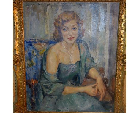 Joseph Oppenheimer (German, 1876-1966), Portrait of the Honorable Mrs Lascelles wearing a blue dress in an interior, oil on c