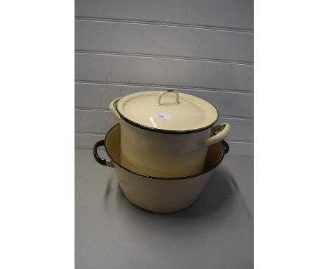 VINTAGE ENAMEL BREAD BIN AND A VINTAGE ENAMEL DOUBLE HANDLED PAN