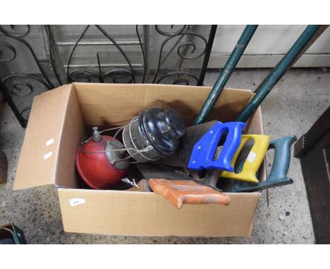 BOX OF ASSORTED SAWS, TOOLS, PARAFFIN LANTERN ETC