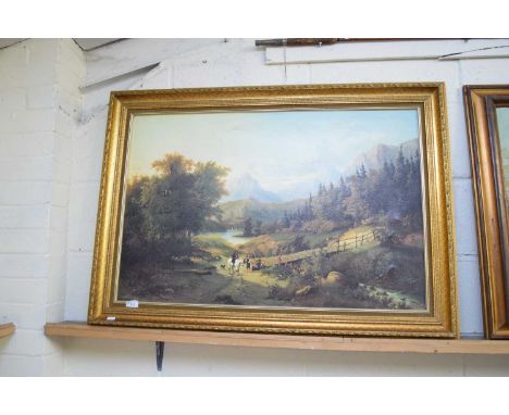 LARGE OLEOGRAPH PRINT OF A MOUNTAIN SCENE WITH FIGURES AND HORSE IN FOREGROUND, GILT FRAMED, 45CM WIDE 