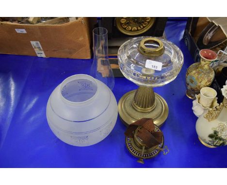 19TH CENTURY OIL LAMP WITH FROSTED GLASS SHADE, CLEAR GLASS FONT AND BRASS BASE