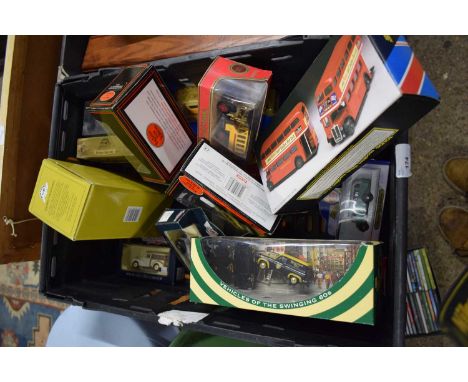 BOX OF MIXED TOY VEHICLES TO INCLUDE LONDON DOUBLE DECKER BUS, RANGE OF OTHER BUSES AND COACHES, RINGTONS TEA SET, RINGTONS C