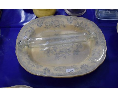 VICTORIAN ASIATIC PHEASANT PATTERN MEAT PLATE AND A GLASS ROLLING PIN