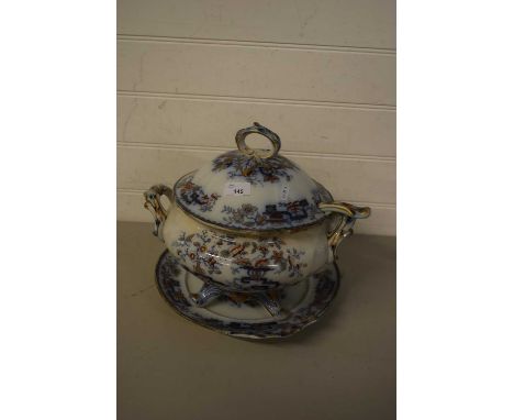 19TH CENTURY IRONSTONE SOUP TUREEN WITH STAND AND LADLE, IN THE CHINESE TREE PATTERN
