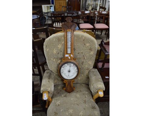 LATE VICTORIAN OAK FRAMED BAROMETER AND THERMOMETER COMBINATION, 90CM HIGH