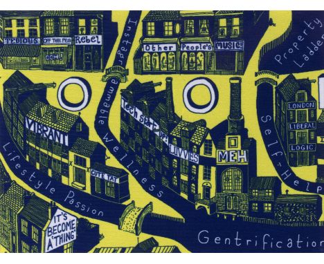 Grayson Perry (b.1960)Gentrificationscreenprint on fabric15 x 20cm.