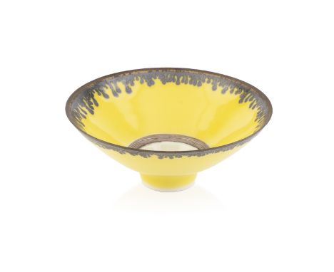 Peter Wills (b.1955)Footed bowlporcelain, with dripped manganese rim and yellow glazesigned and with impressed potter's seal7