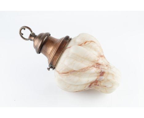 Arts and CraftsPendant Light, circa 1900with alabaster shade and copper gallery36cm high.  The ring holder has a patent numbe